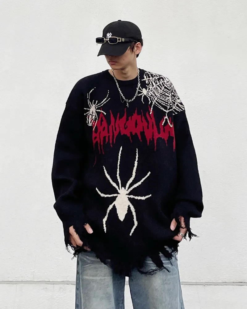 Streetwear Spider Knitted Fringe Crewneck Sweater