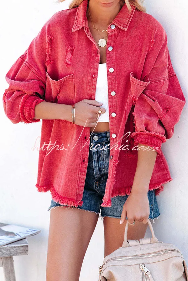 Stylish Lapel Long Sleeve Ripped Denim Jacket