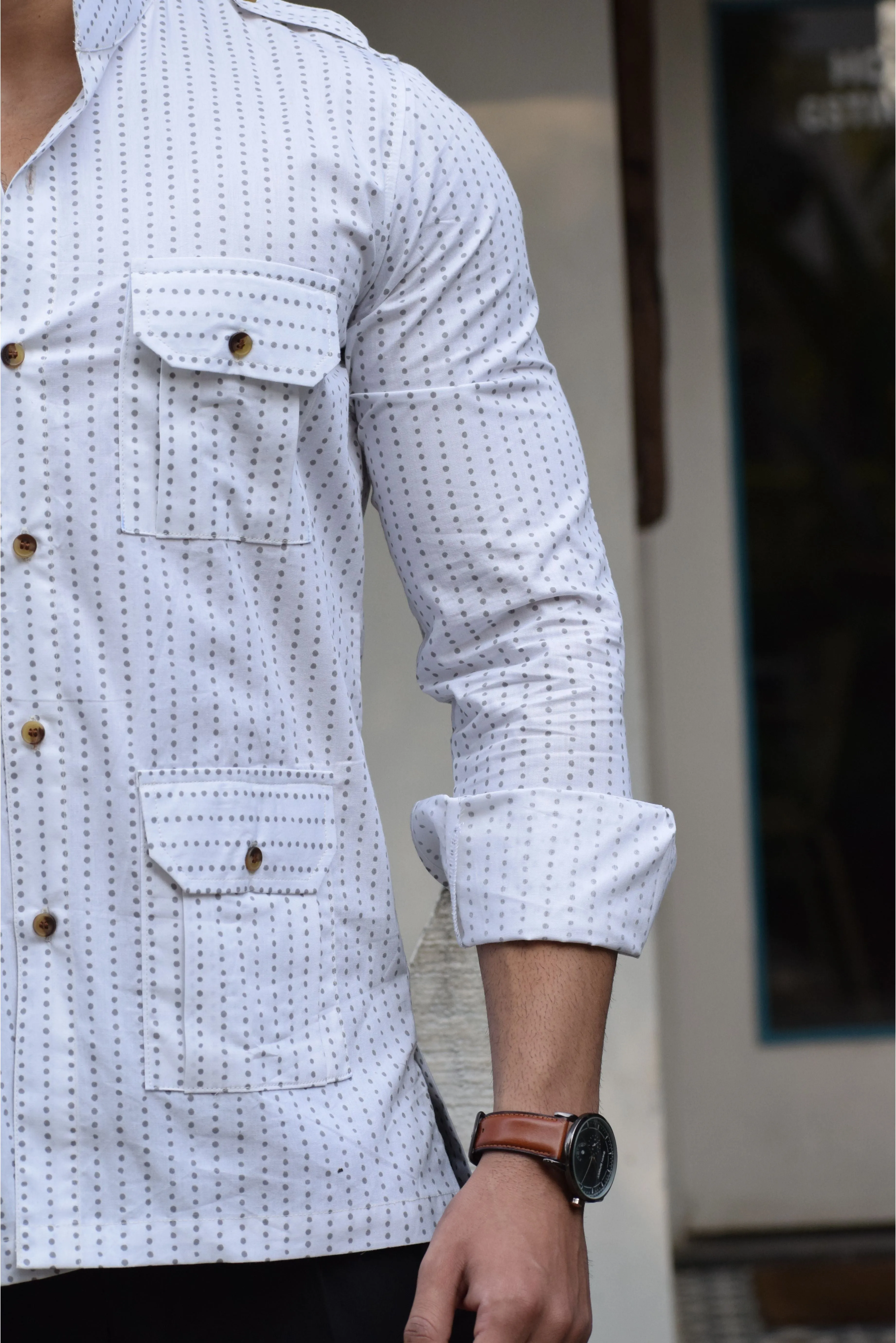 White-Dotted Hunting Style Shirt