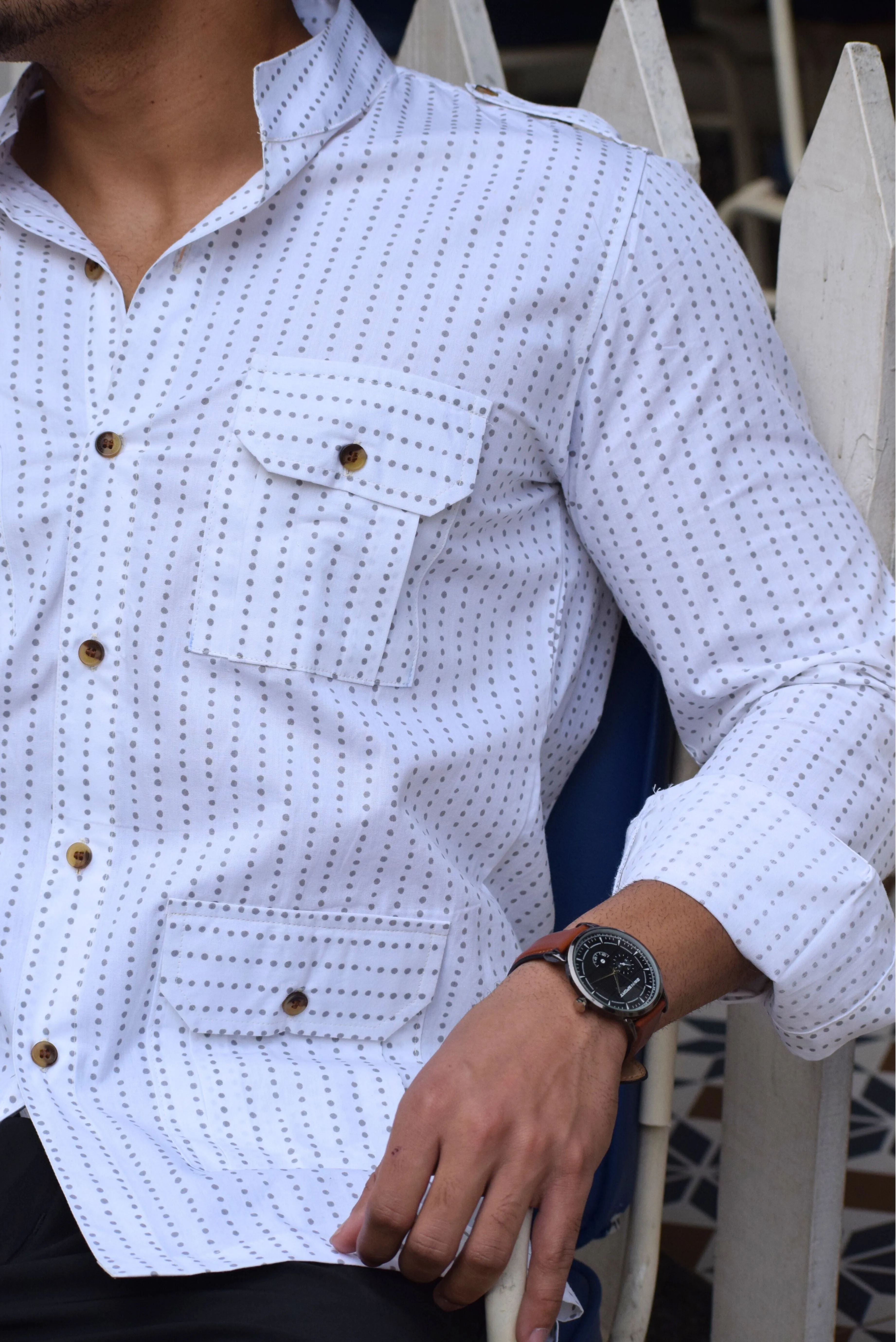 White-Dotted Hunting Style Shirt