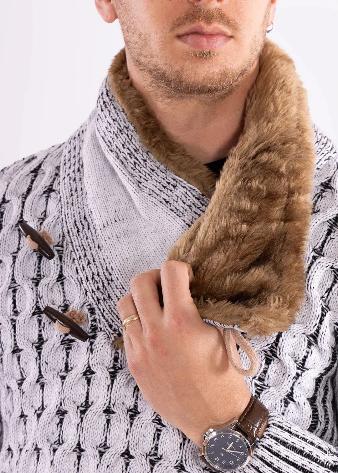 White Men's Pullover Sweater Shawl Fur Collar Side Pockets