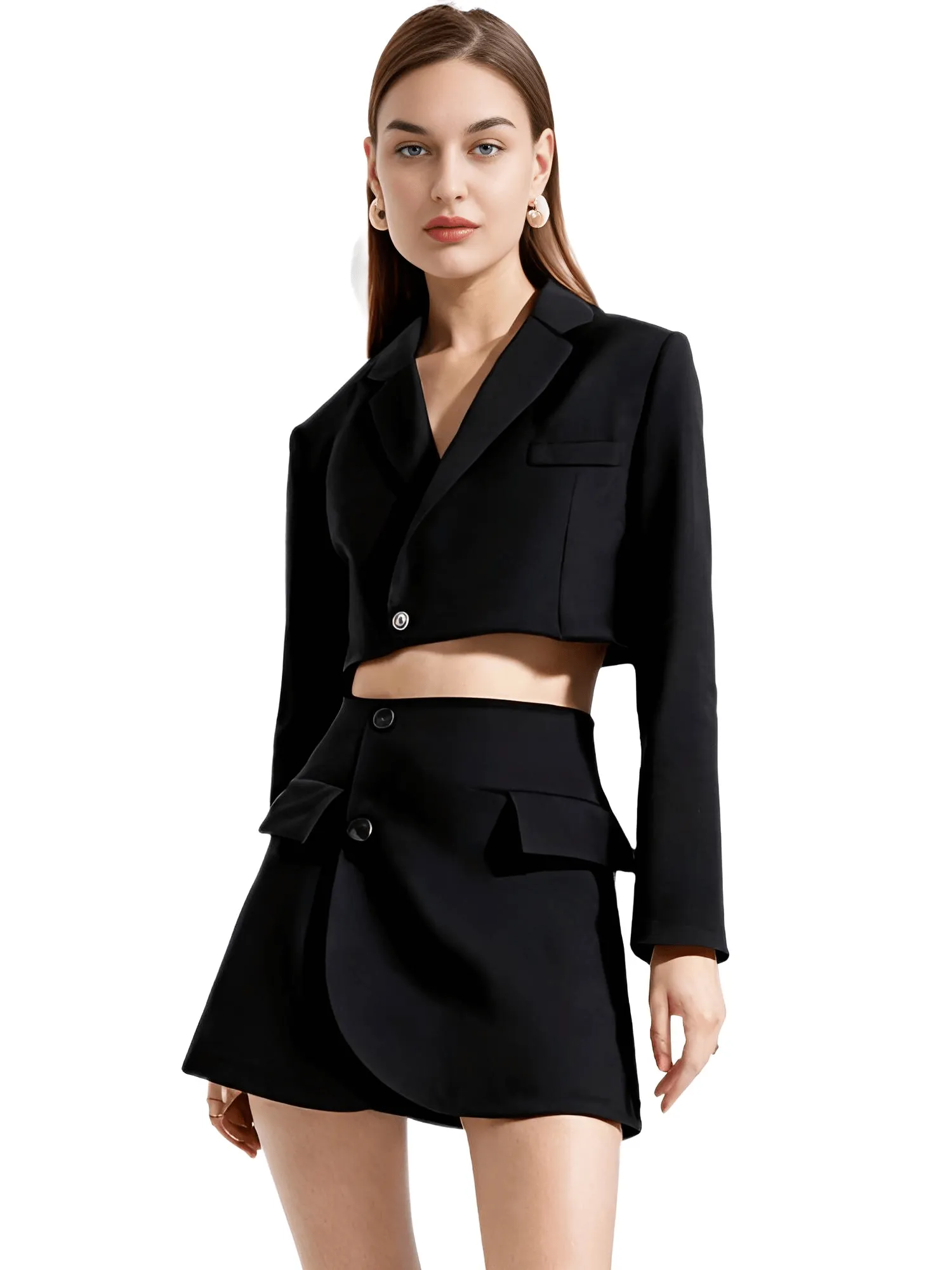 Women's Blazer Mini Skirt Set One Button Cropped Blazer And Cross Slit Skirt Set