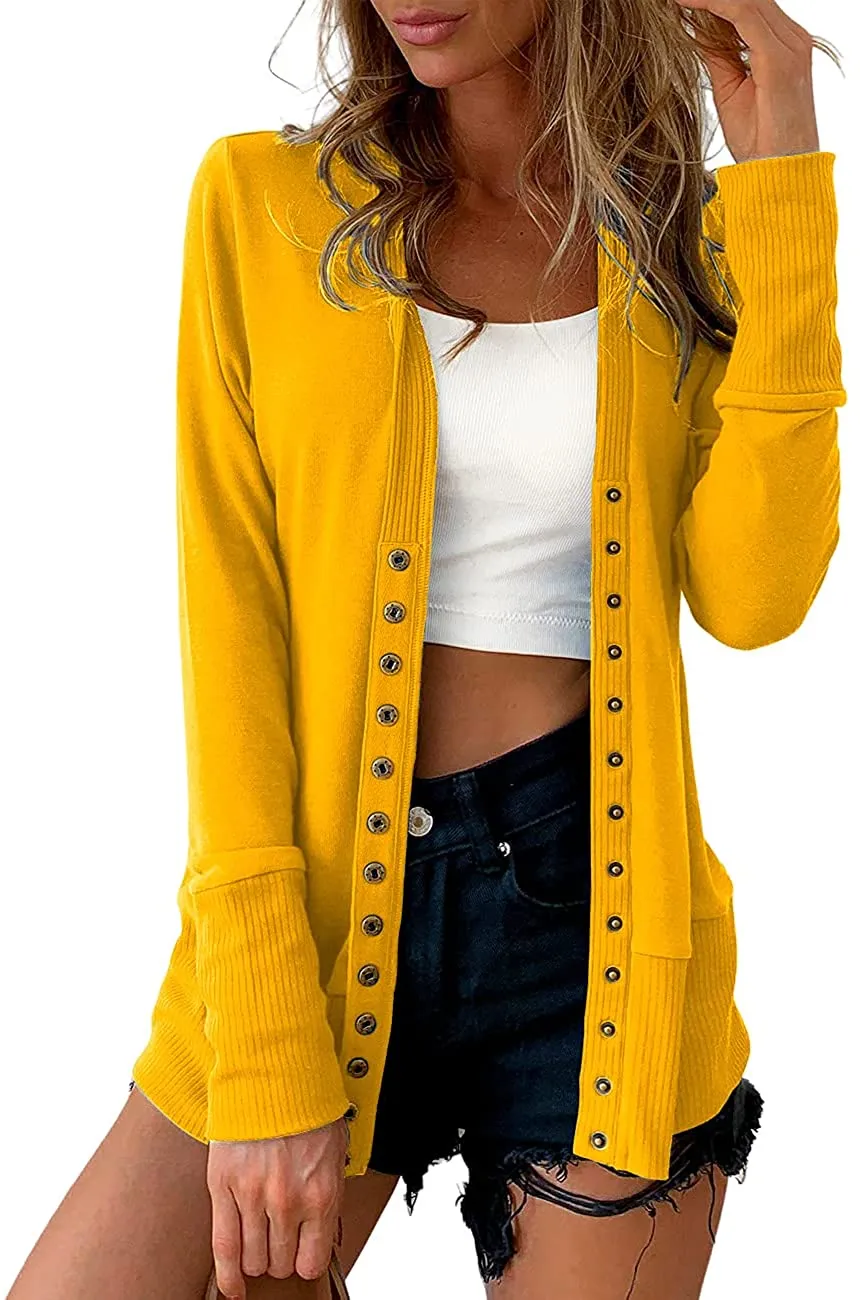 Women's Long Sleeve Button Down Knit Open Front Cardigan Sweater