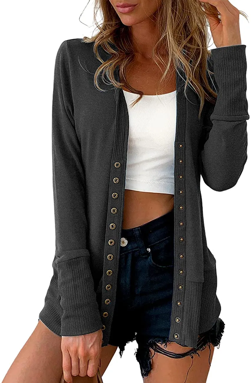 Women's Long Sleeve Button Down Knit Open Front Cardigan Sweater