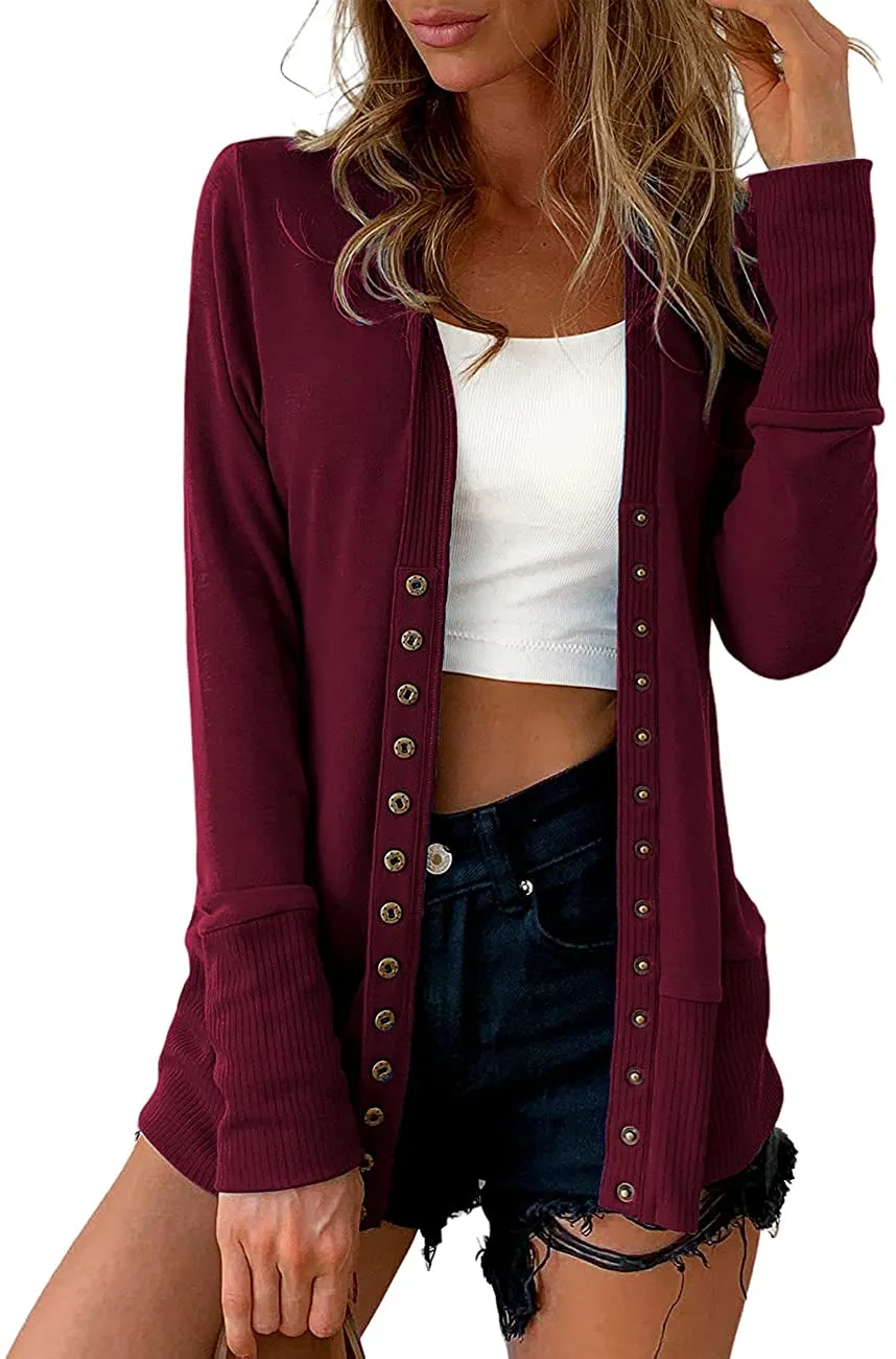 Women's Long Sleeve Button Down Knit Open Front Cardigan Sweater