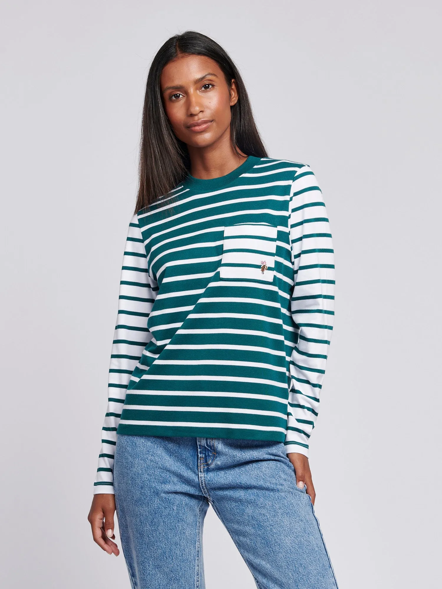 Womens Mixed Stripe Long Sleeve T-Shirt in Deep Teal