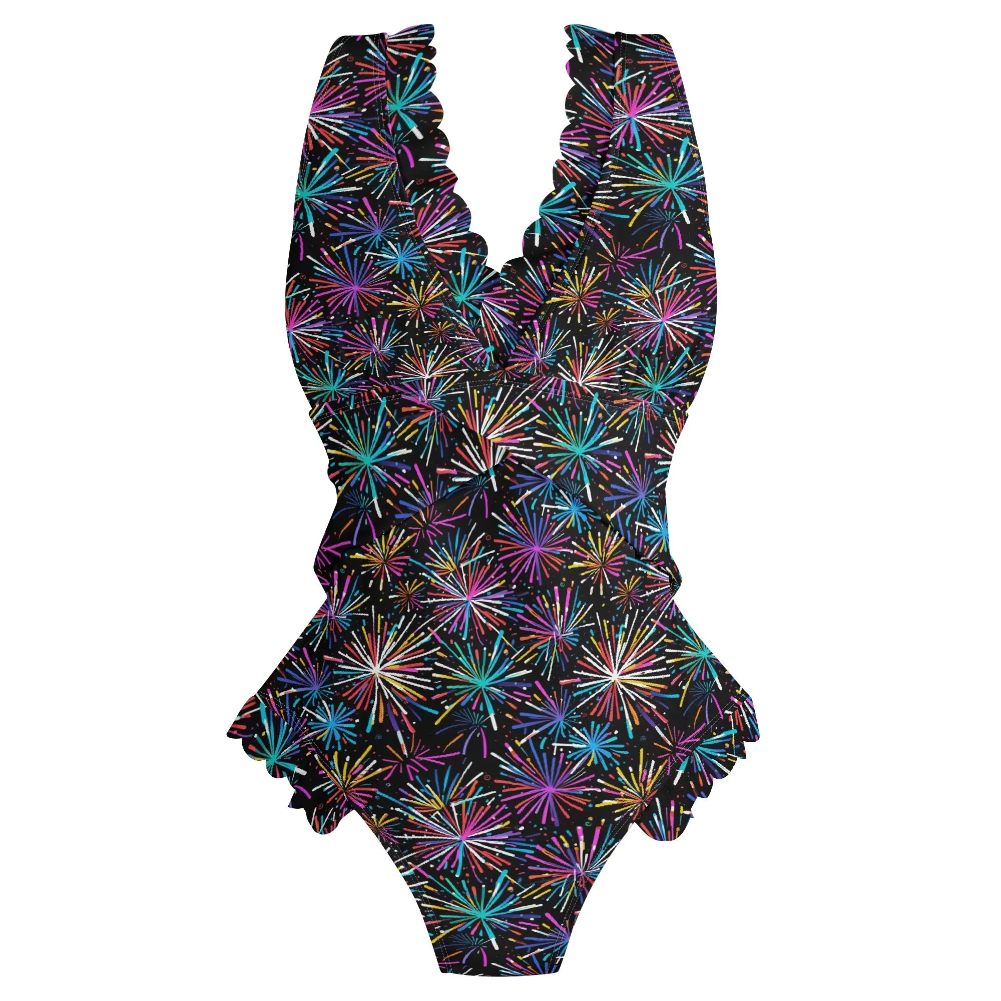 Womens Sharp FIreworks Ruffle Edge Cross-Front One Piece Swimsuit Bathing Suit