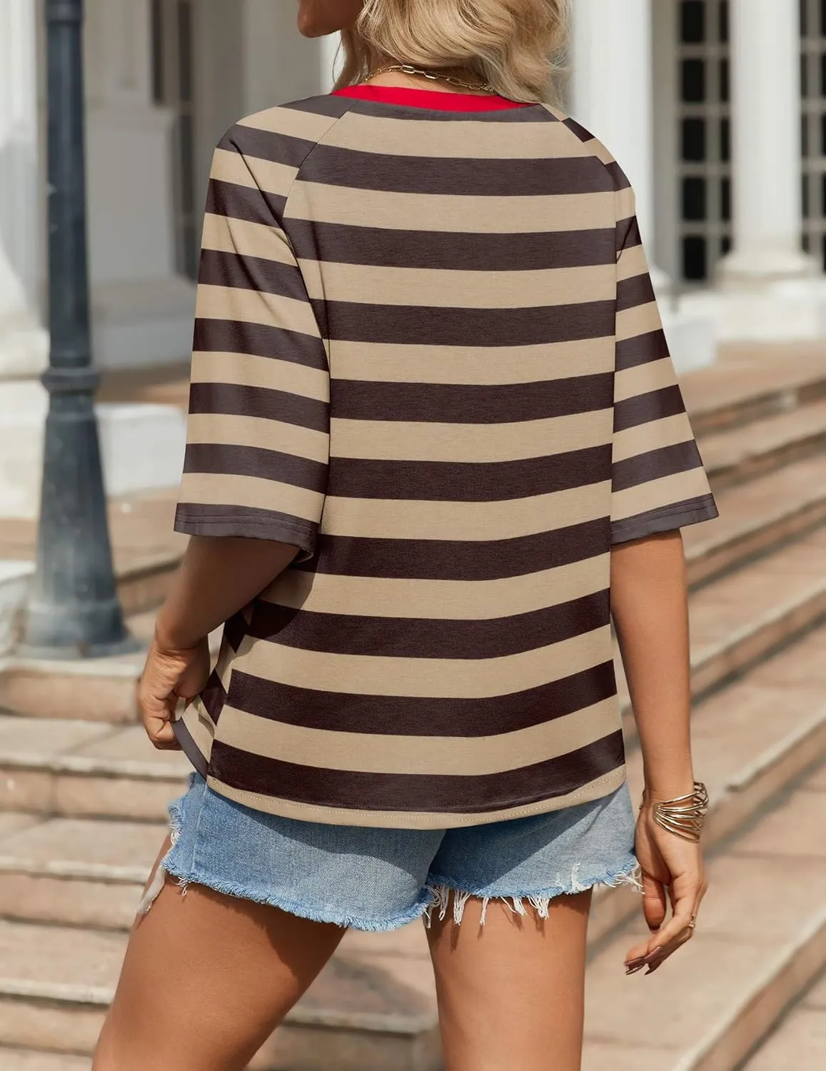 Zeagoo Oversized Loose Fit Short Sleeve Striped Tops