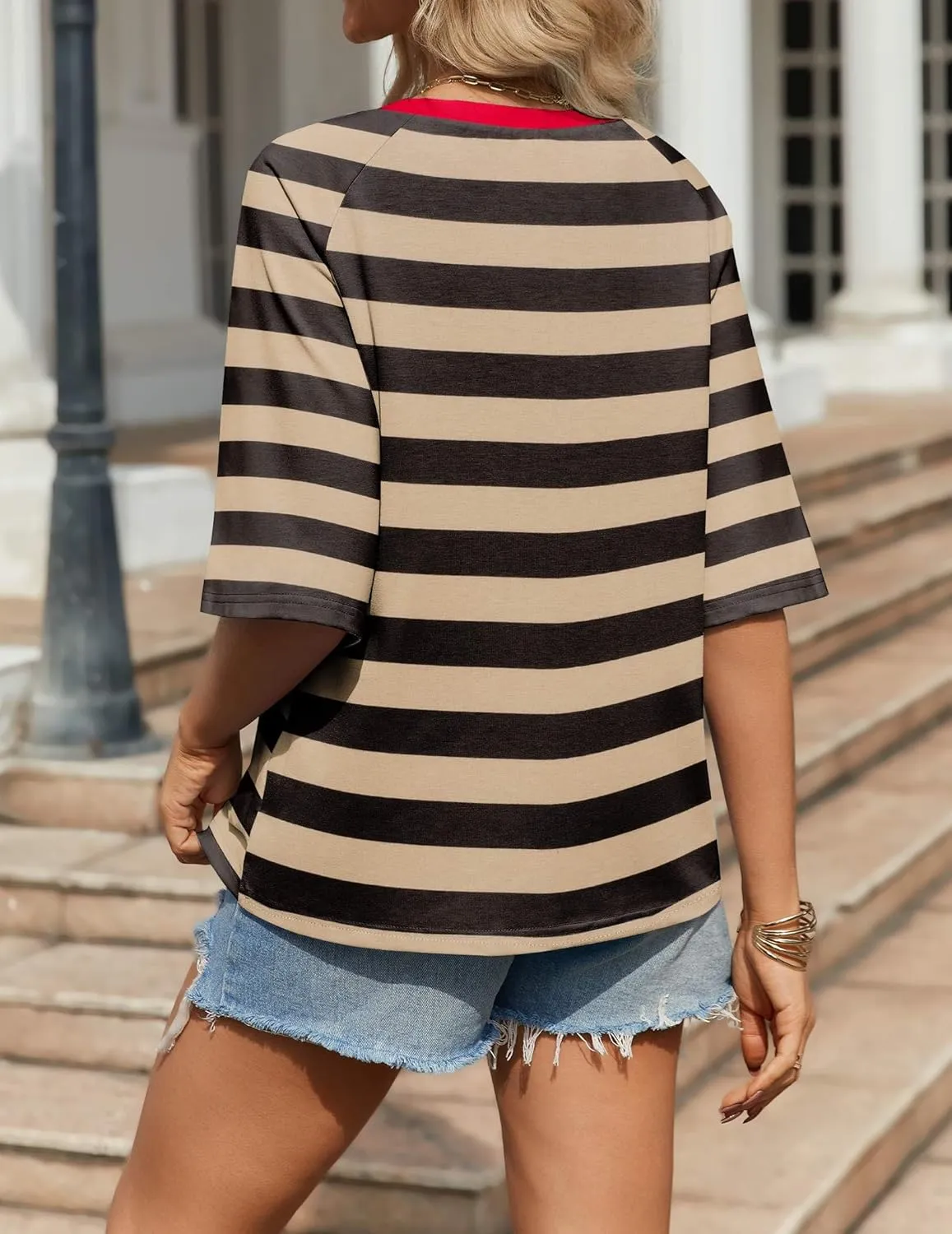 Zeagoo Oversized Loose Fit Short Sleeve Striped Tops